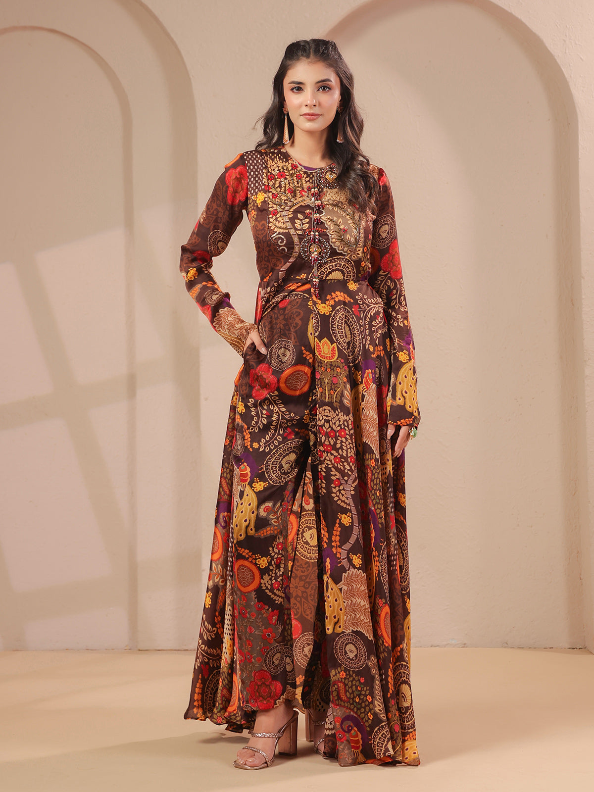 Brown printed embellished top with straight pants salwar set