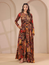 Brown printed embellished top with straight pants salwar set