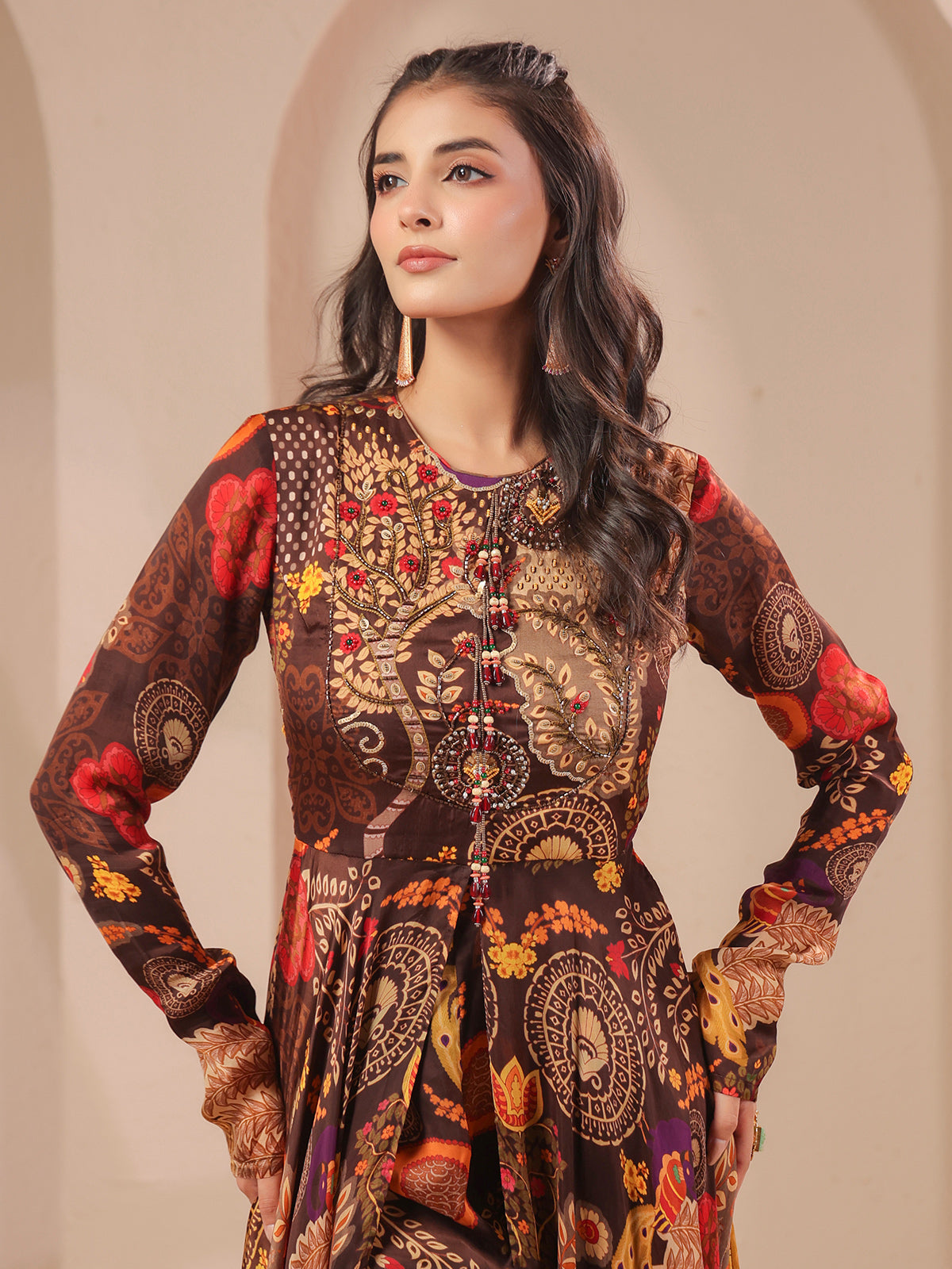 Brown printed embellished top with straight pants salwar set