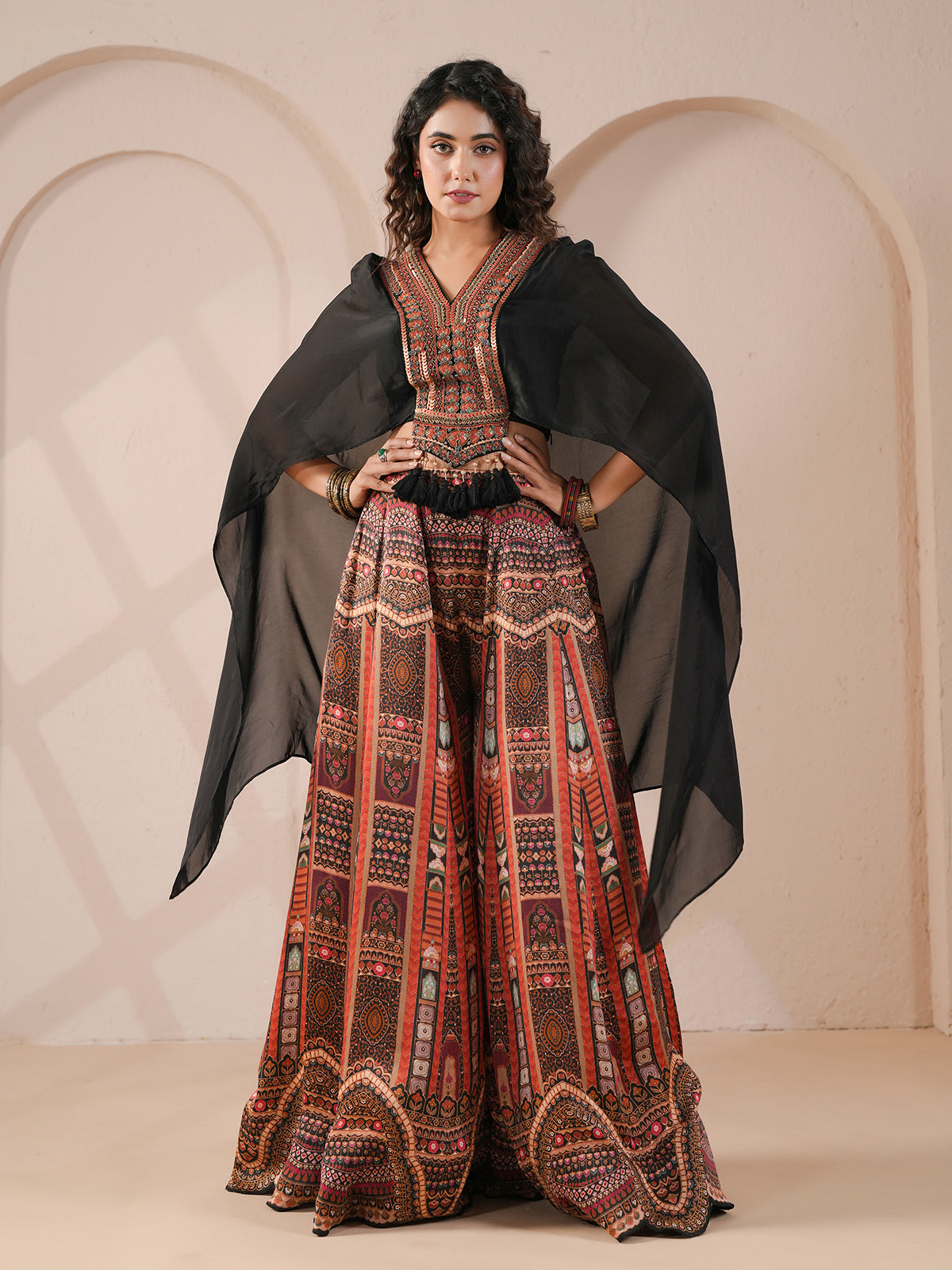Black embellished flared outfit with sheer organza cape palazzo suit