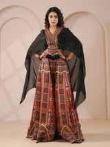 Black embellished flared outfit with sheer organza cape palazzo suit
