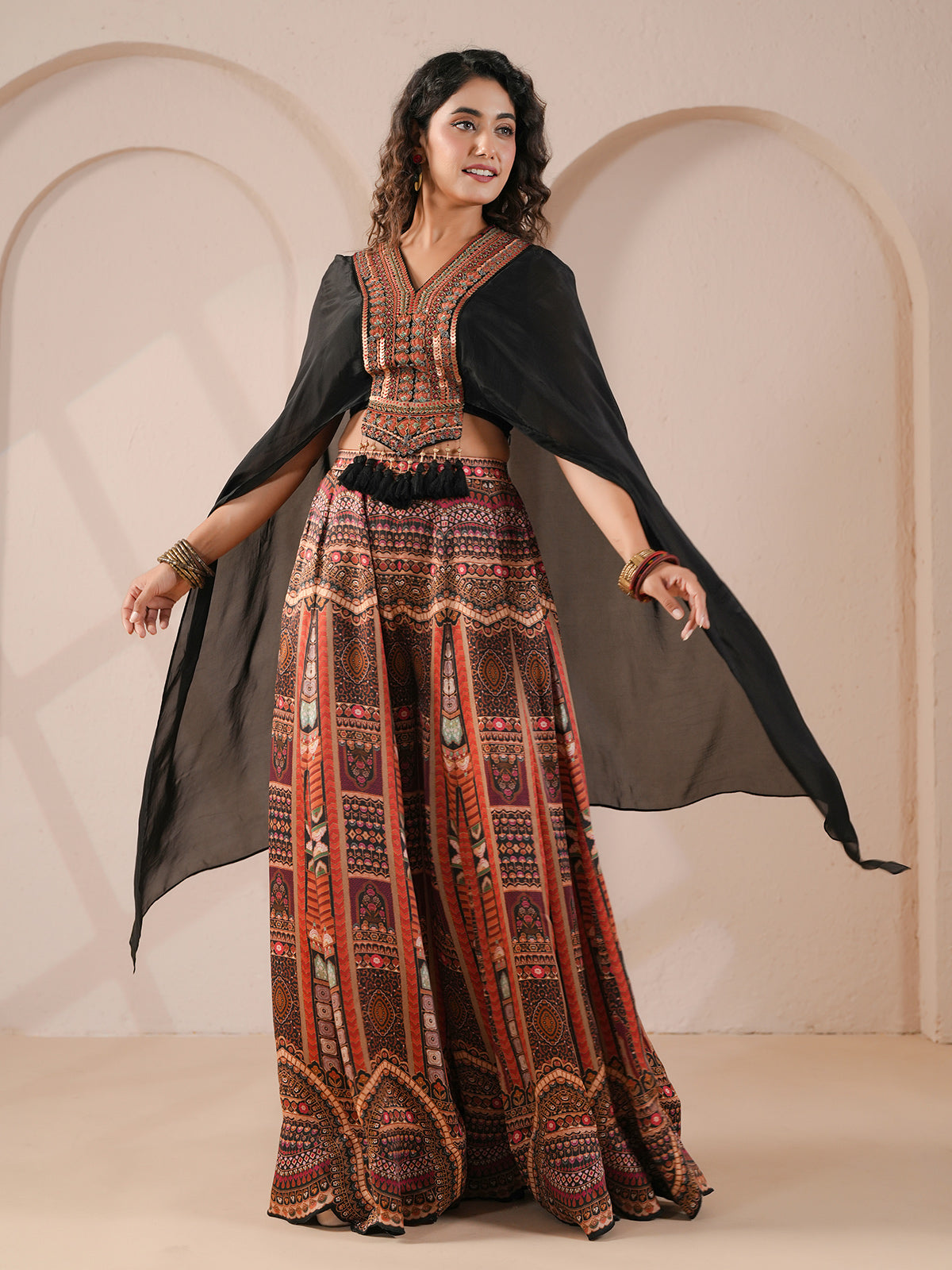 Black embellished flared outfit with sheer organza cape palazzo suit
