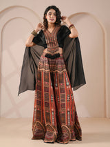 Black embellished flared outfit with sheer organza cape palazzo suit