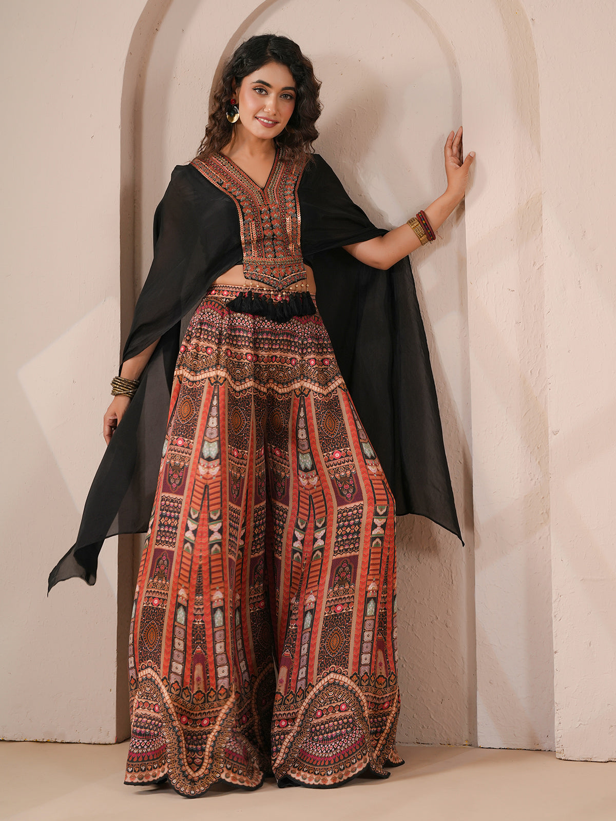 Black embellished flared outfit with sheer organza cape palazzo suit