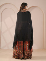 Black embellished flared outfit with sheer organza cape palazzo suit