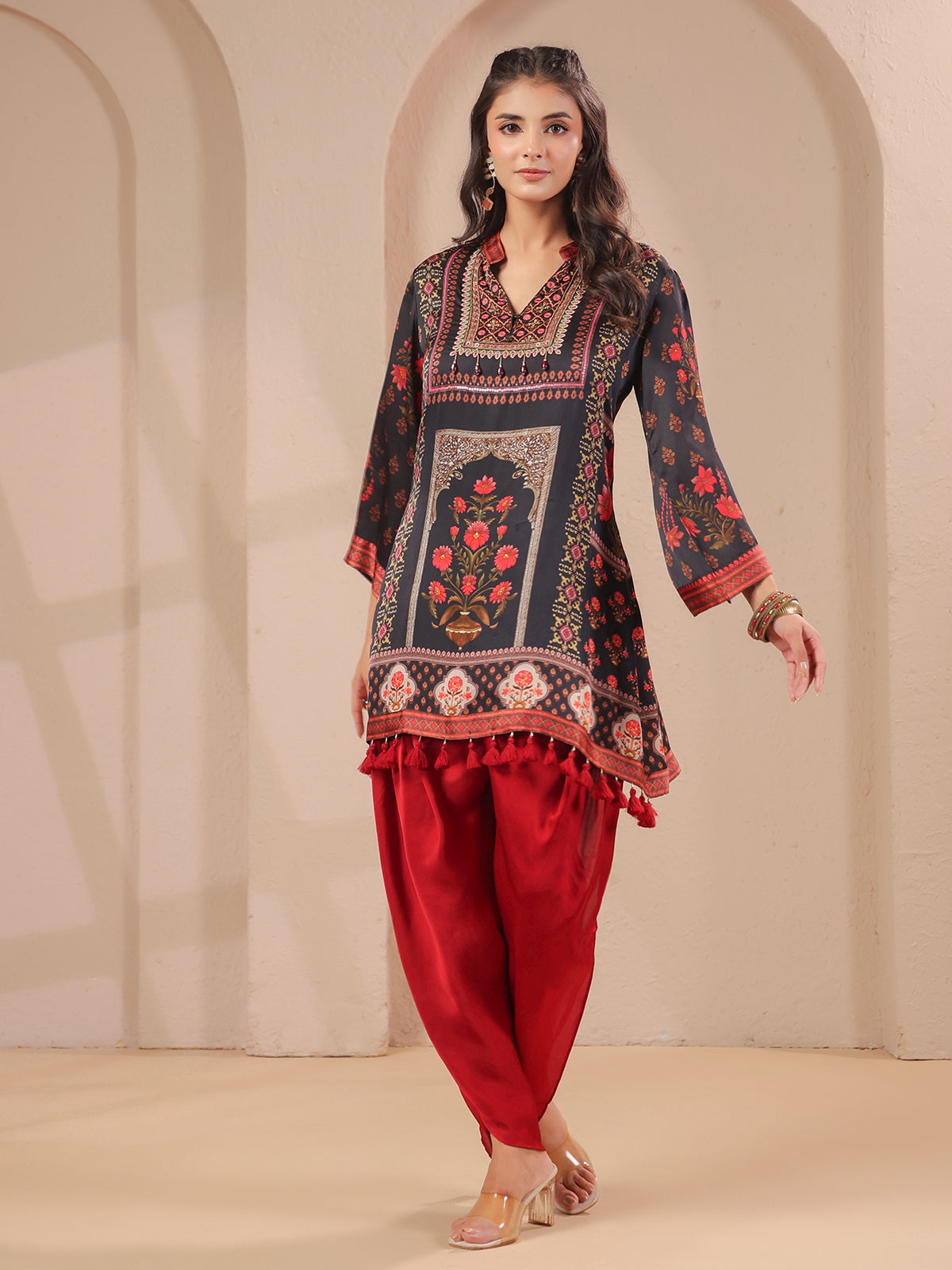 Black hand embellished kurta with elegant dhoti suit