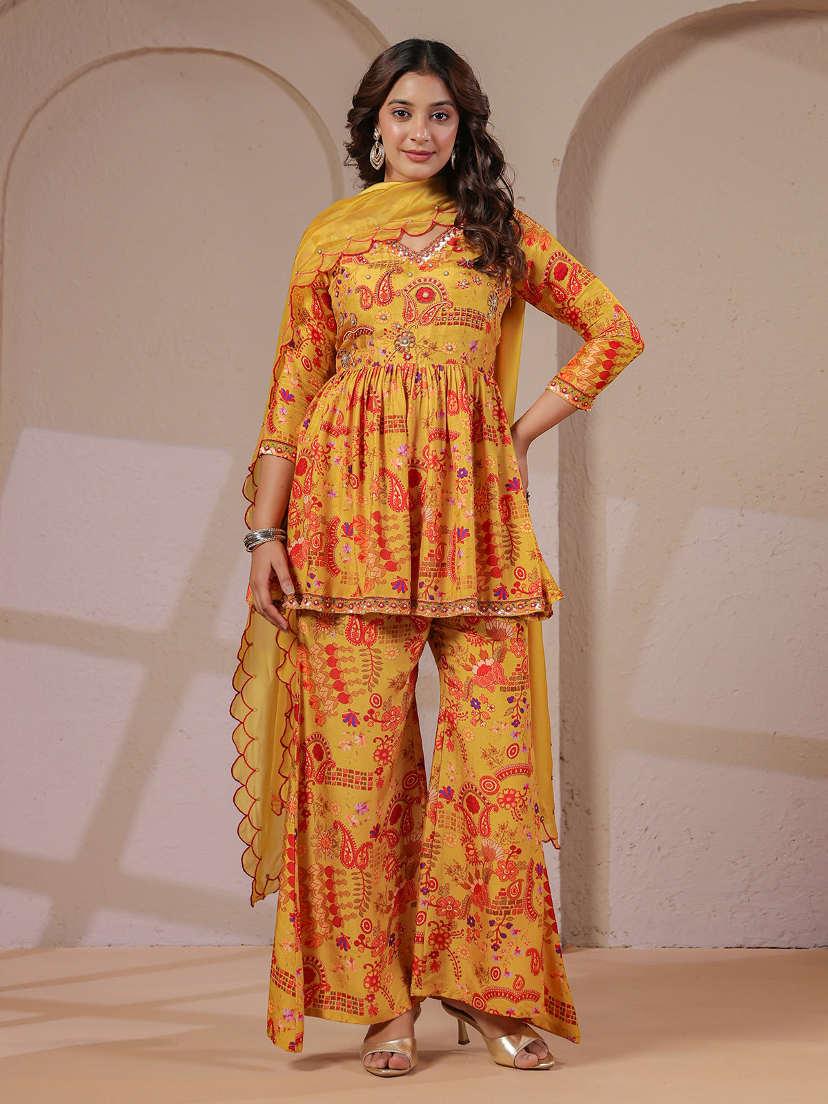 Mustard yellow peplum kurti palazzo with scalloped dupatta set