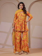 Mustard yellow peplum kurti palazzo with scalloped dupatta set