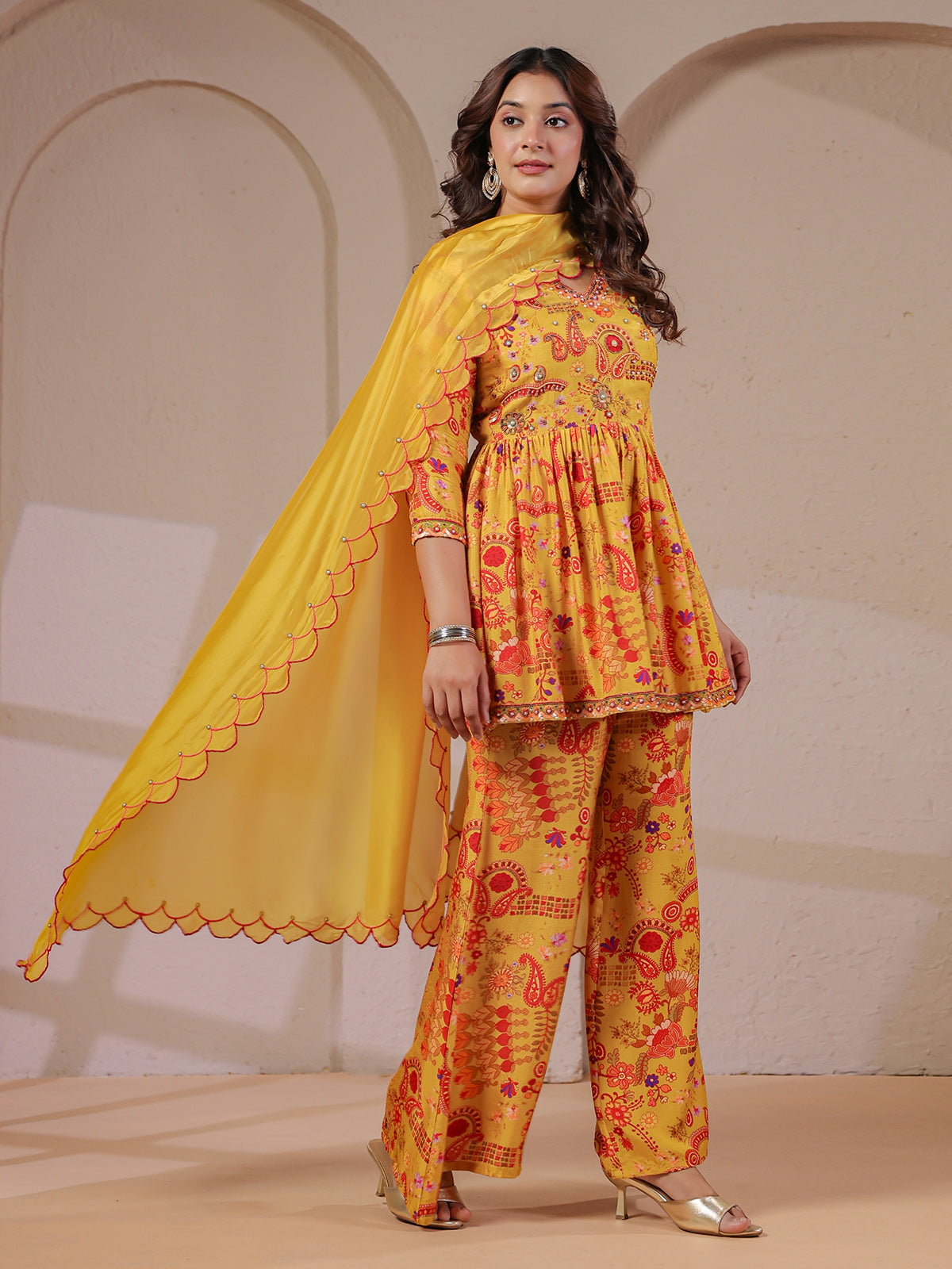 Mustard yellow peplum kurti palazzo with scalloped dupatta set