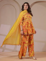 Mustard yellow peplum kurti palazzo with scalloped dupatta set