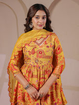 Mustard yellow peplum kurti palazzo with scalloped dupatta set