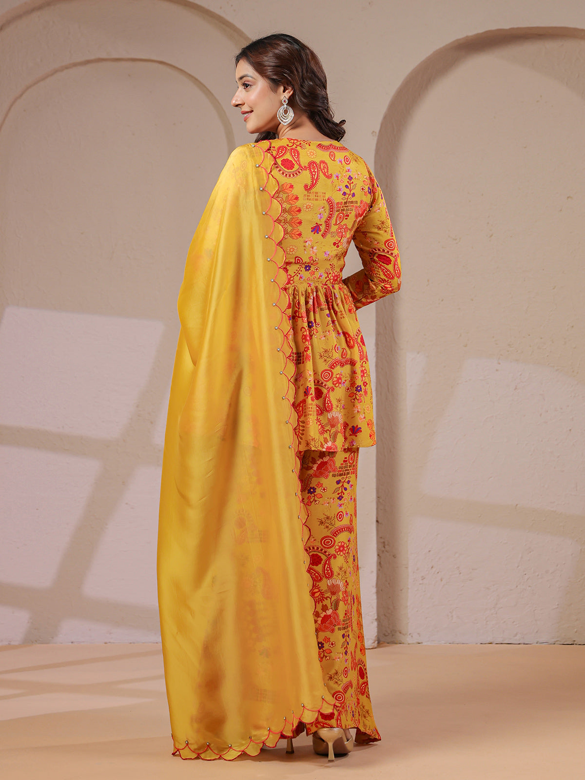Mustard yellow peplum kurti palazzo with scalloped dupatta set