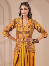 Mustard yellow embellished jacket bustier drape indowestern suit