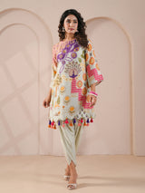 Pista green scalloped hem embellished kurta with dhoti suit
