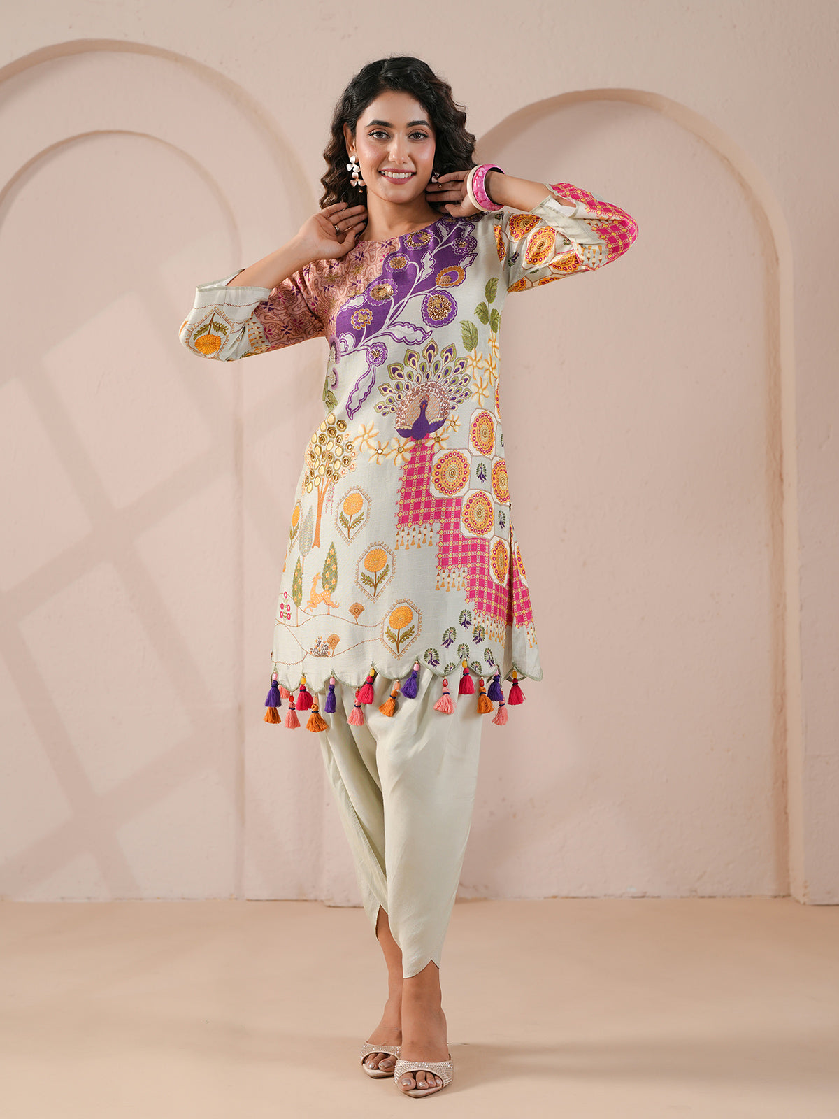 Pista green scalloped hem embellished kurta with dhoti suit