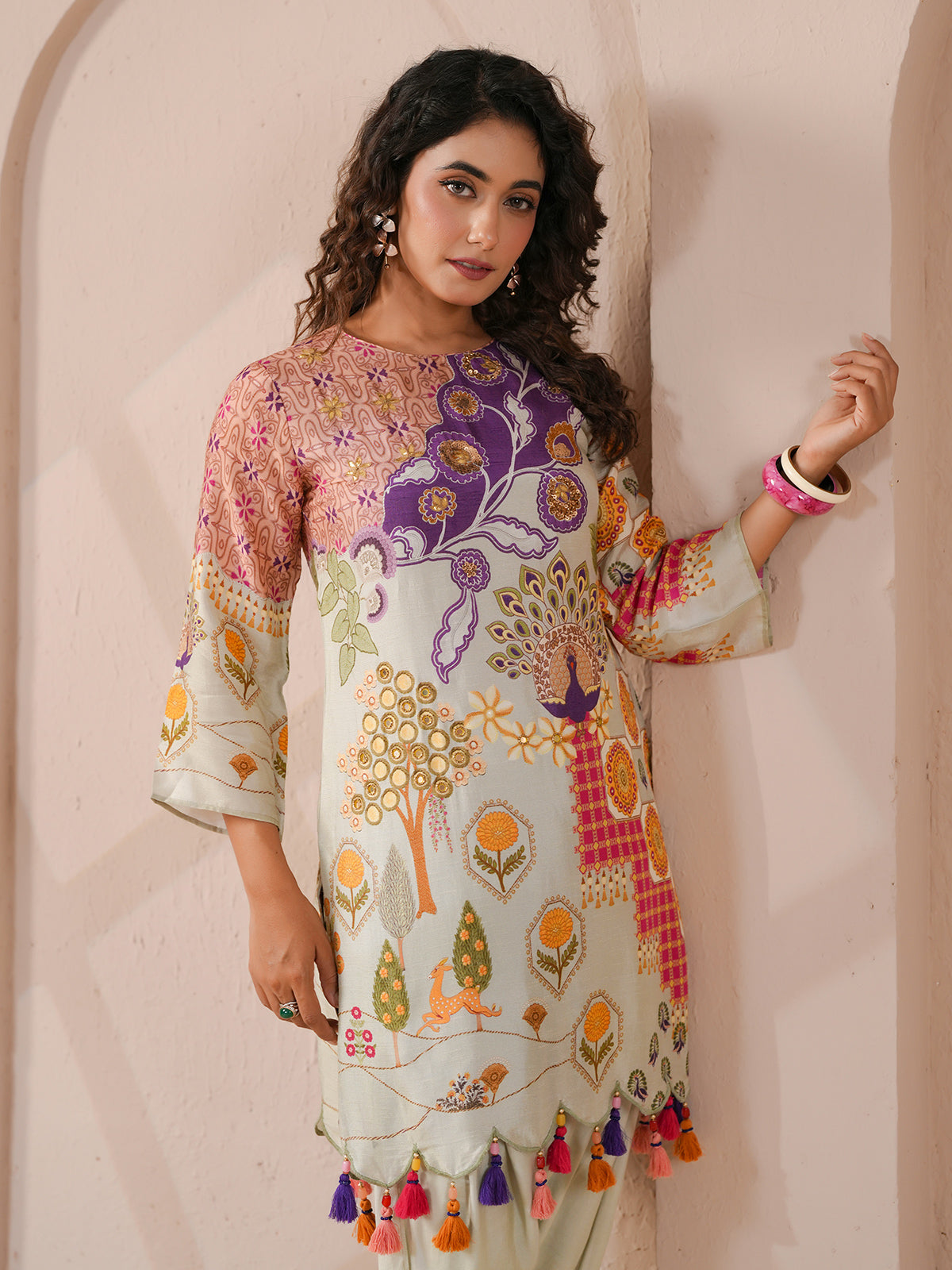 Pista green scalloped hem embellished kurta with dhoti suit
