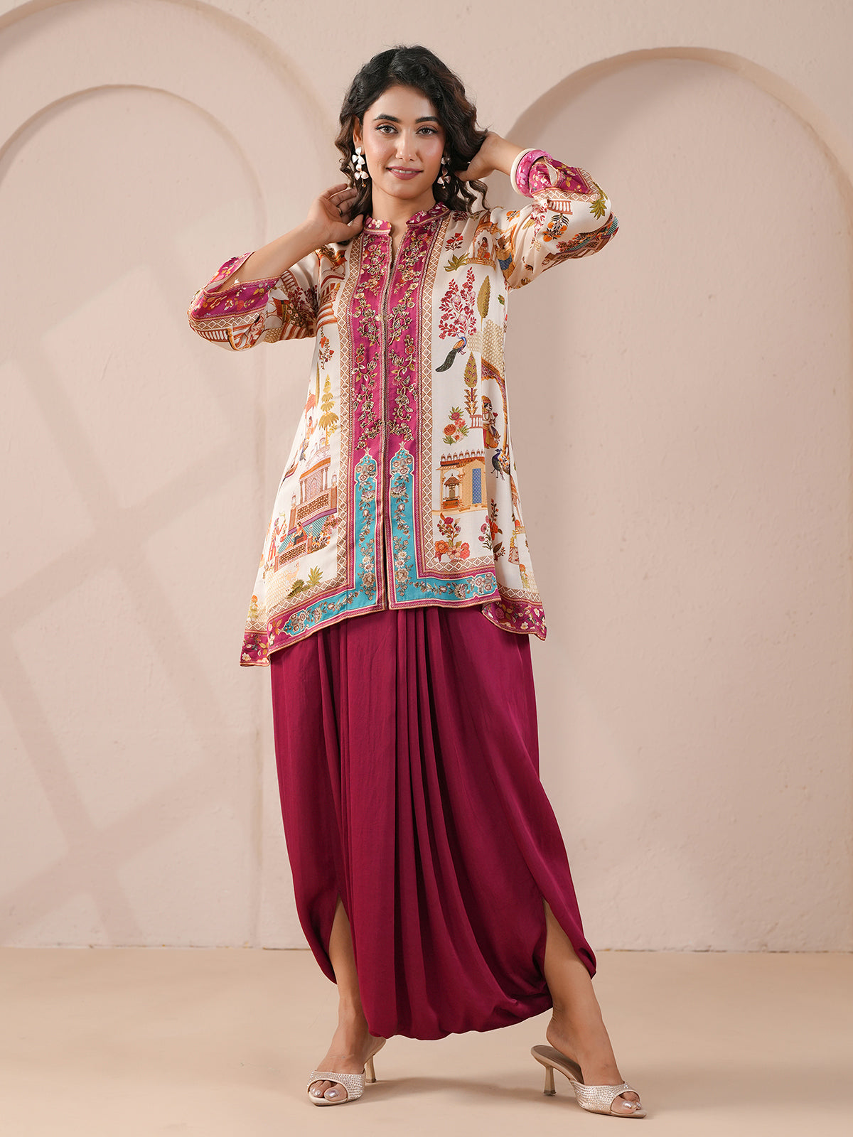 Purple hand printed ethnic kurta with indowestern suit