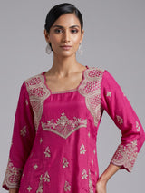 Rani pink satin silk palazzo suit with square neckline