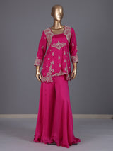Rani pink satin silk palazzo suit with square neckline