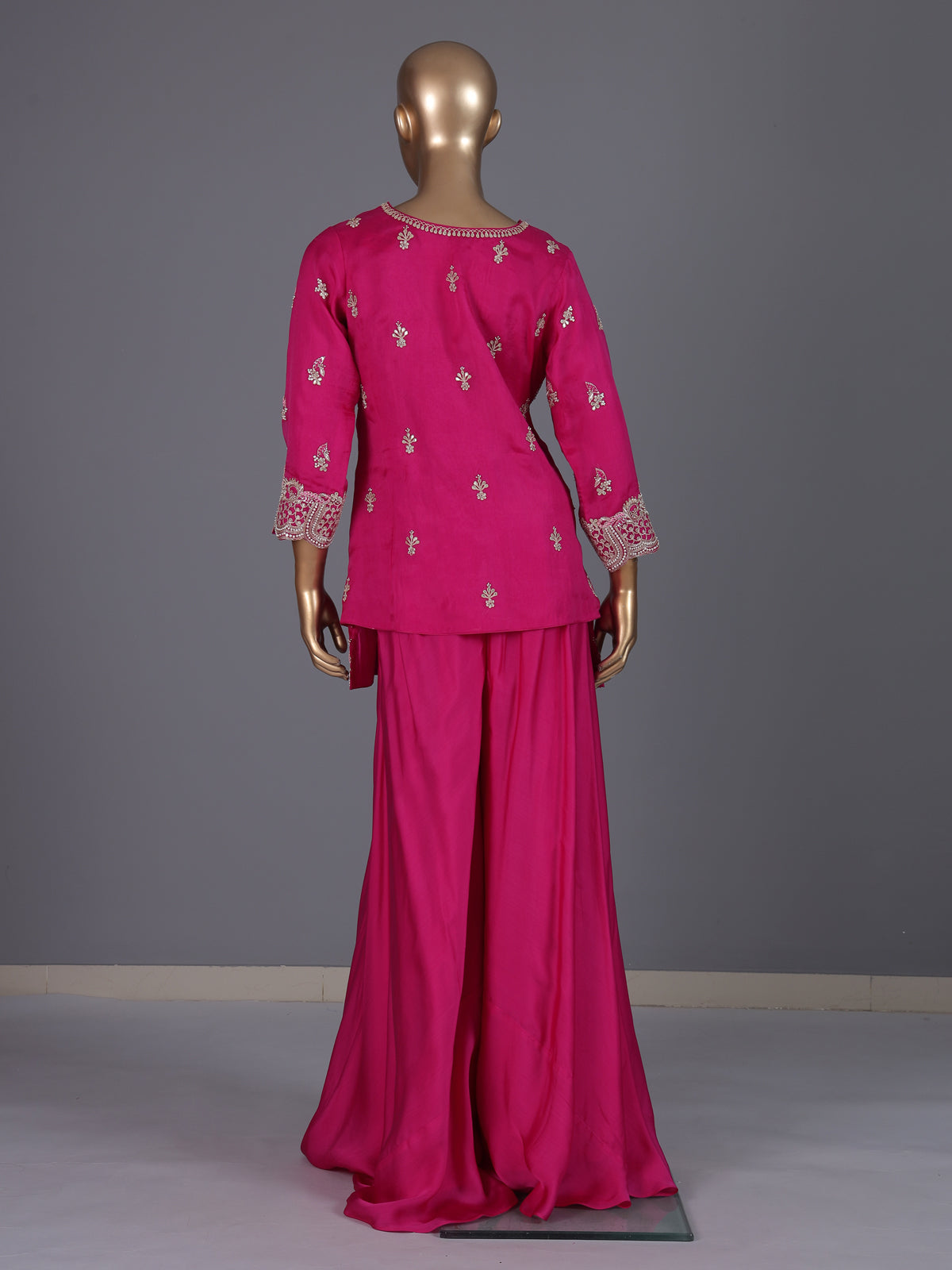 Rani pink satin silk palazzo suit with square neckline