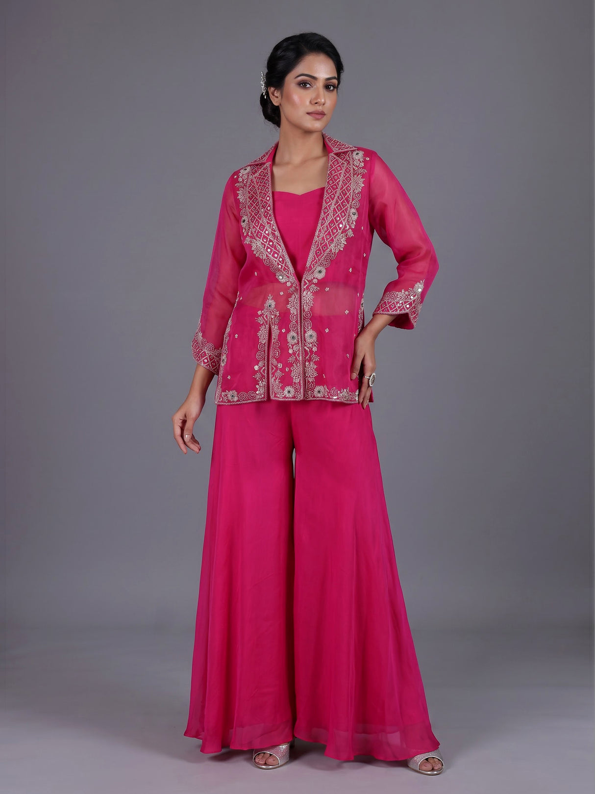 Rani pink tissue silk palazzo suit with collar neckline