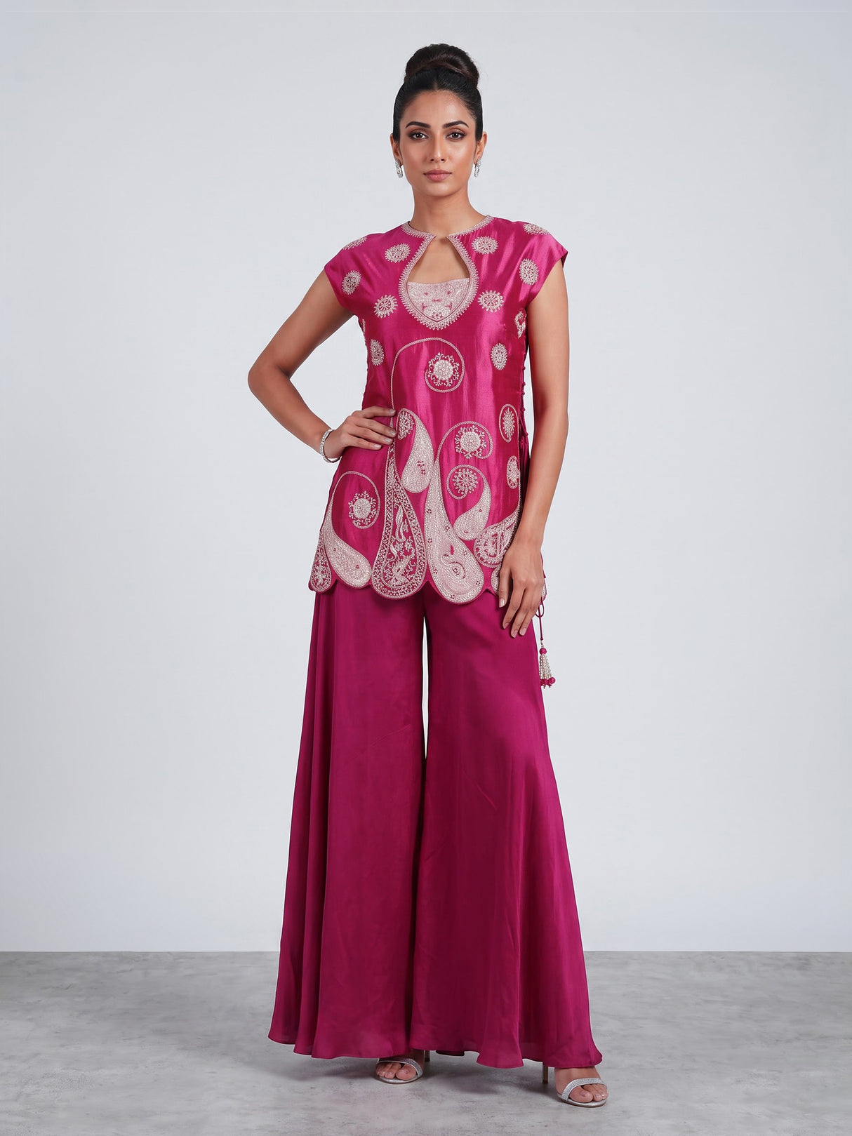 Rani pink satin silk palazzo suit for wedding celebration