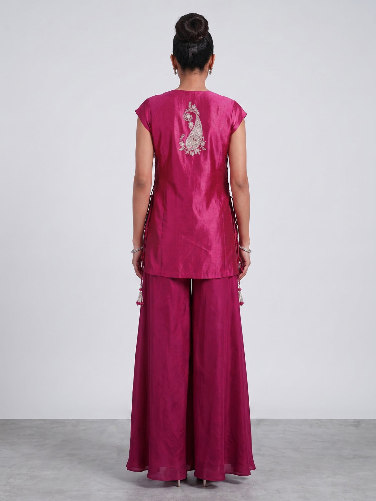 Rani pink satin silk palazzo suit for wedding celebration
