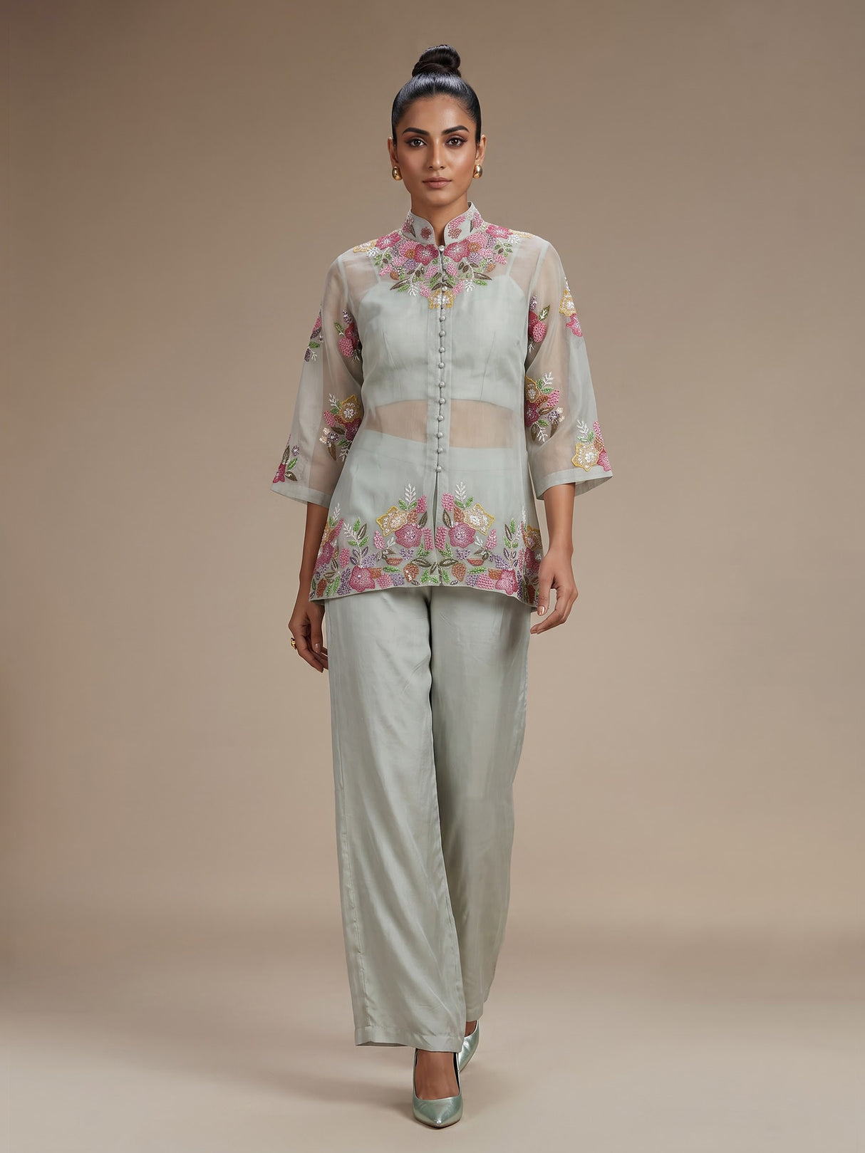 Grey organza and satin silk palazzo suit