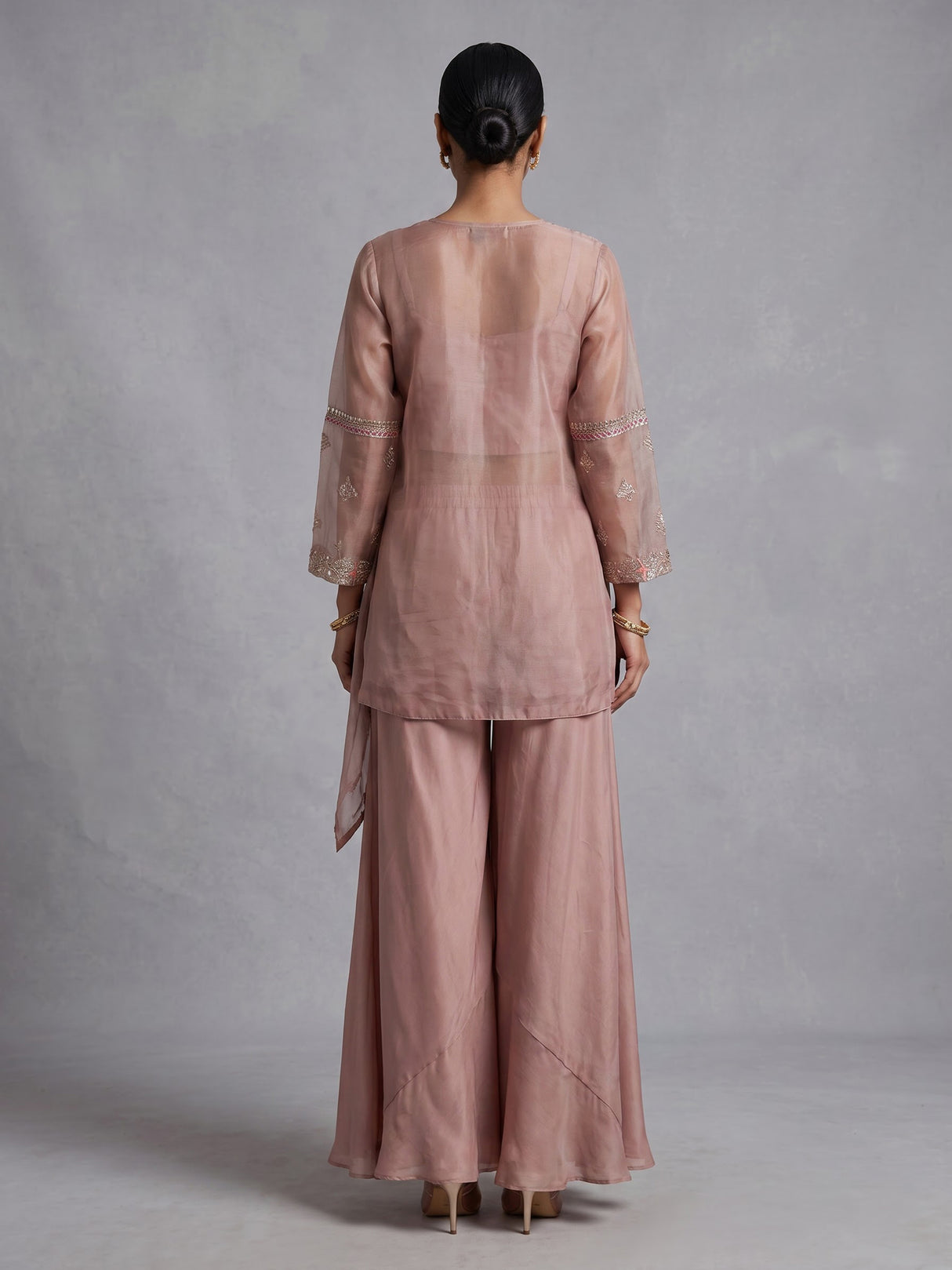 Onion pink organza and satin silk palazzo suit