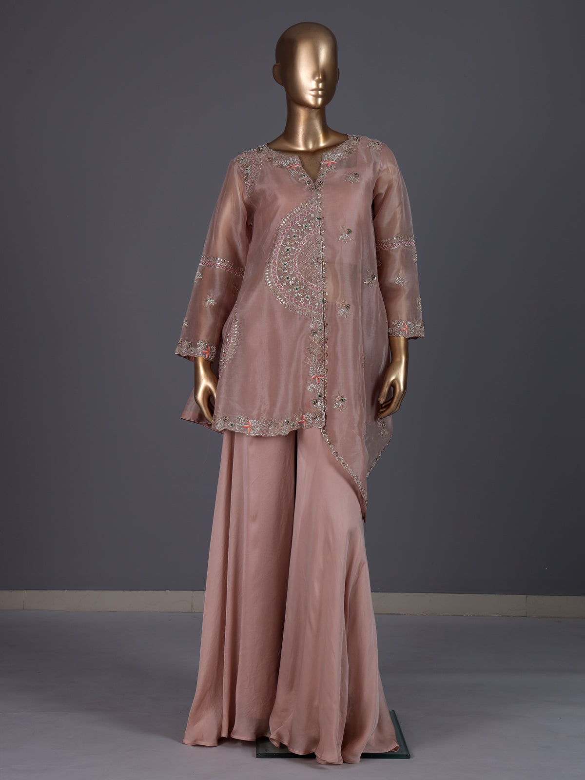 Onion pink organza and satin silk palazzo suit