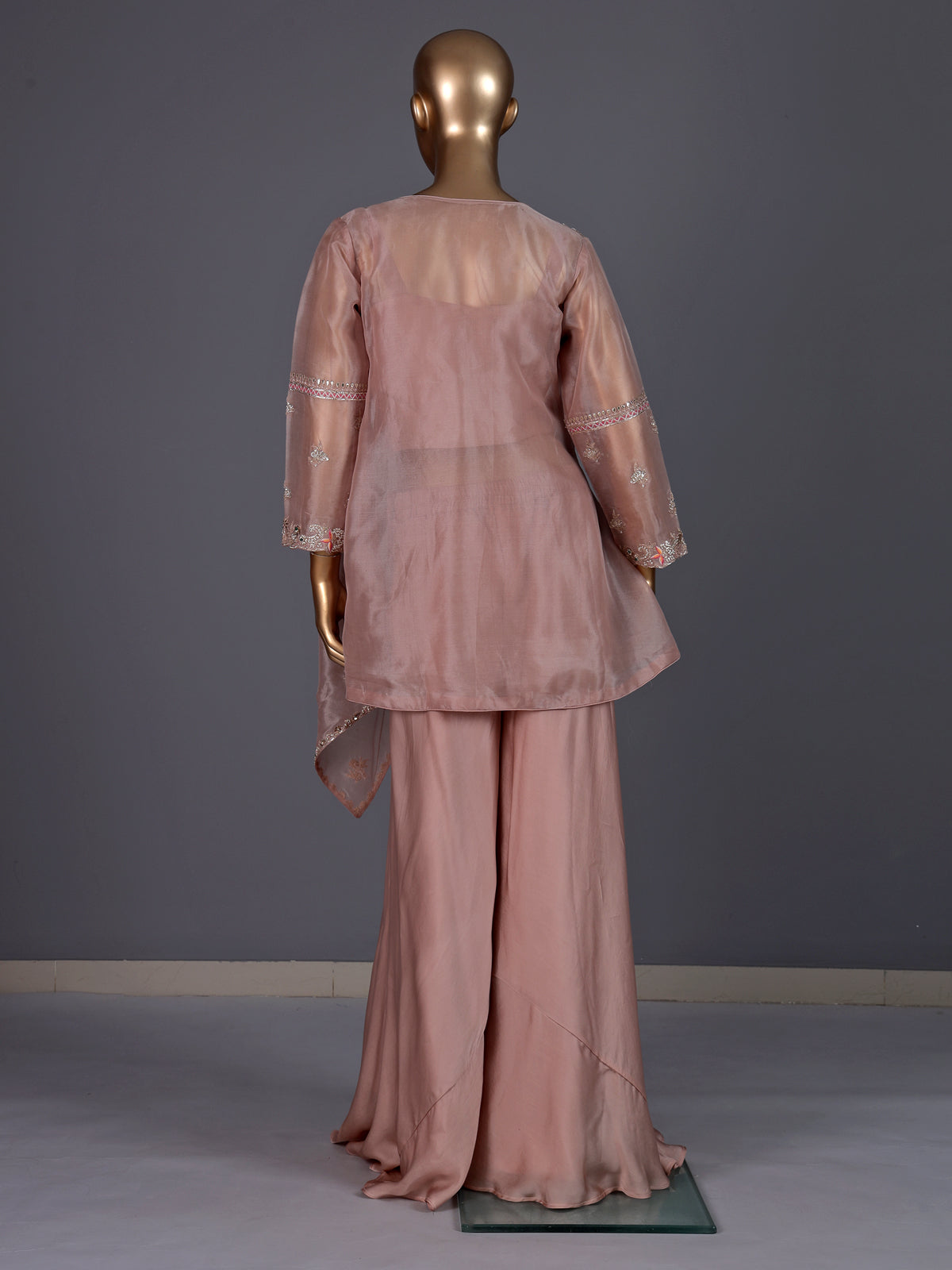Onion pink organza and satin silk palazzo suit