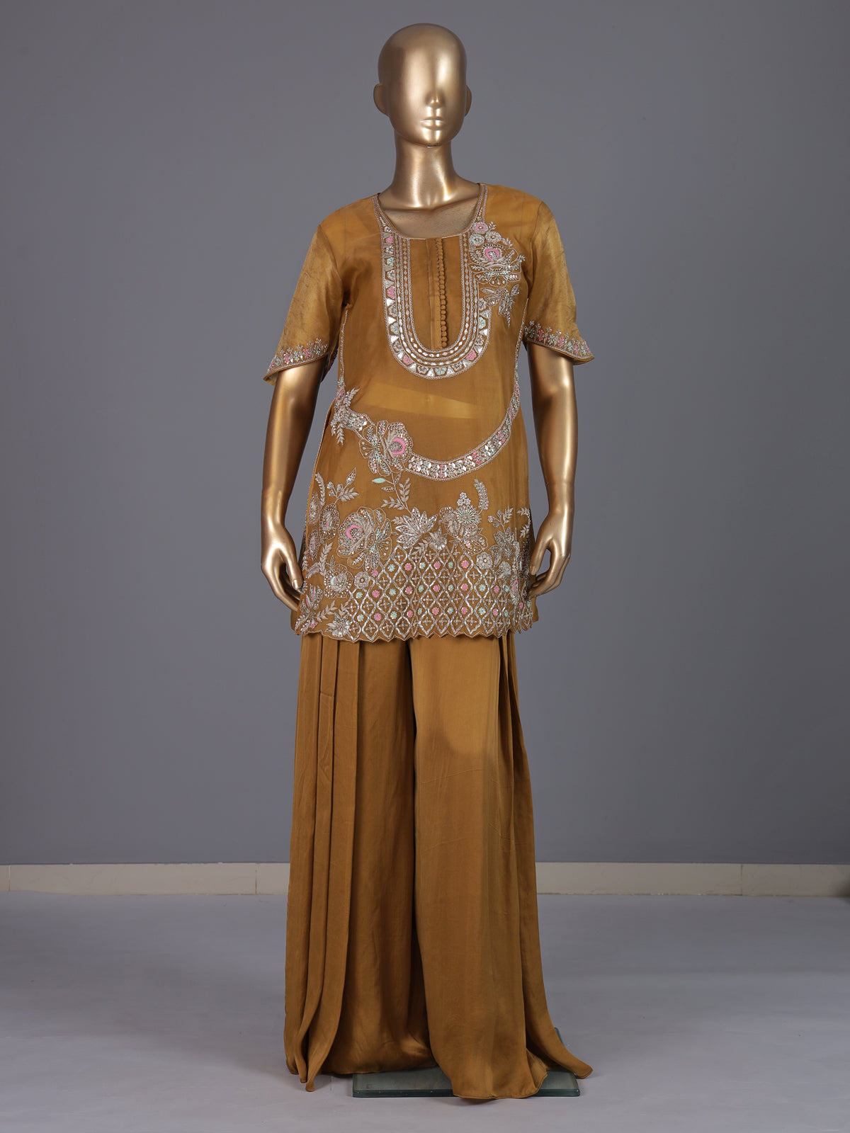 Mustard yellow organza and satin silk palazzo suit
