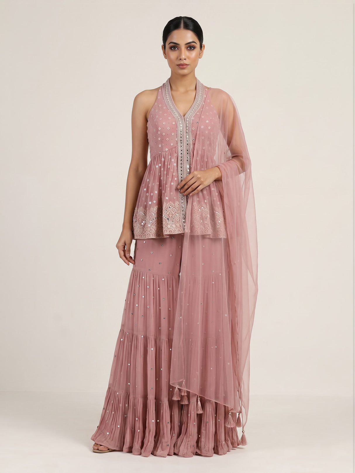 Onion pink georgette sharara suit with embellished sharara