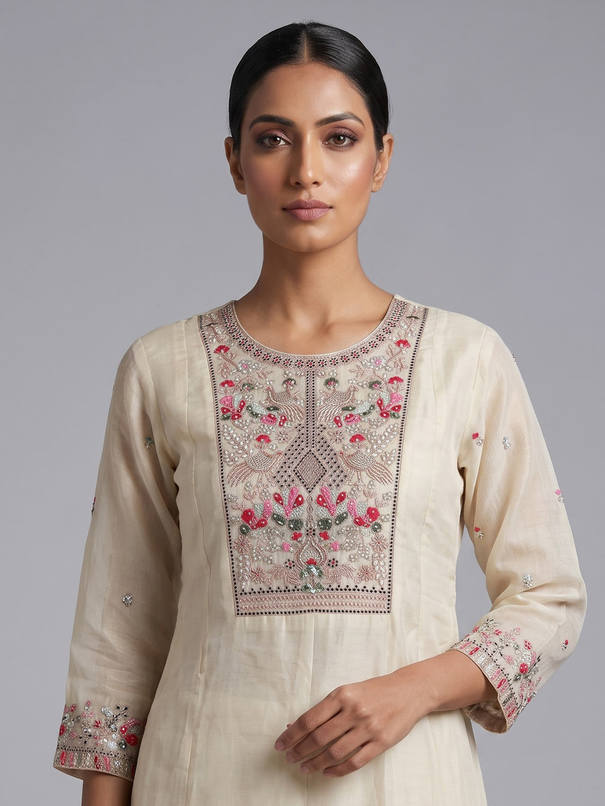 Cream tissue silk salwar suit with elegant yoke detailing