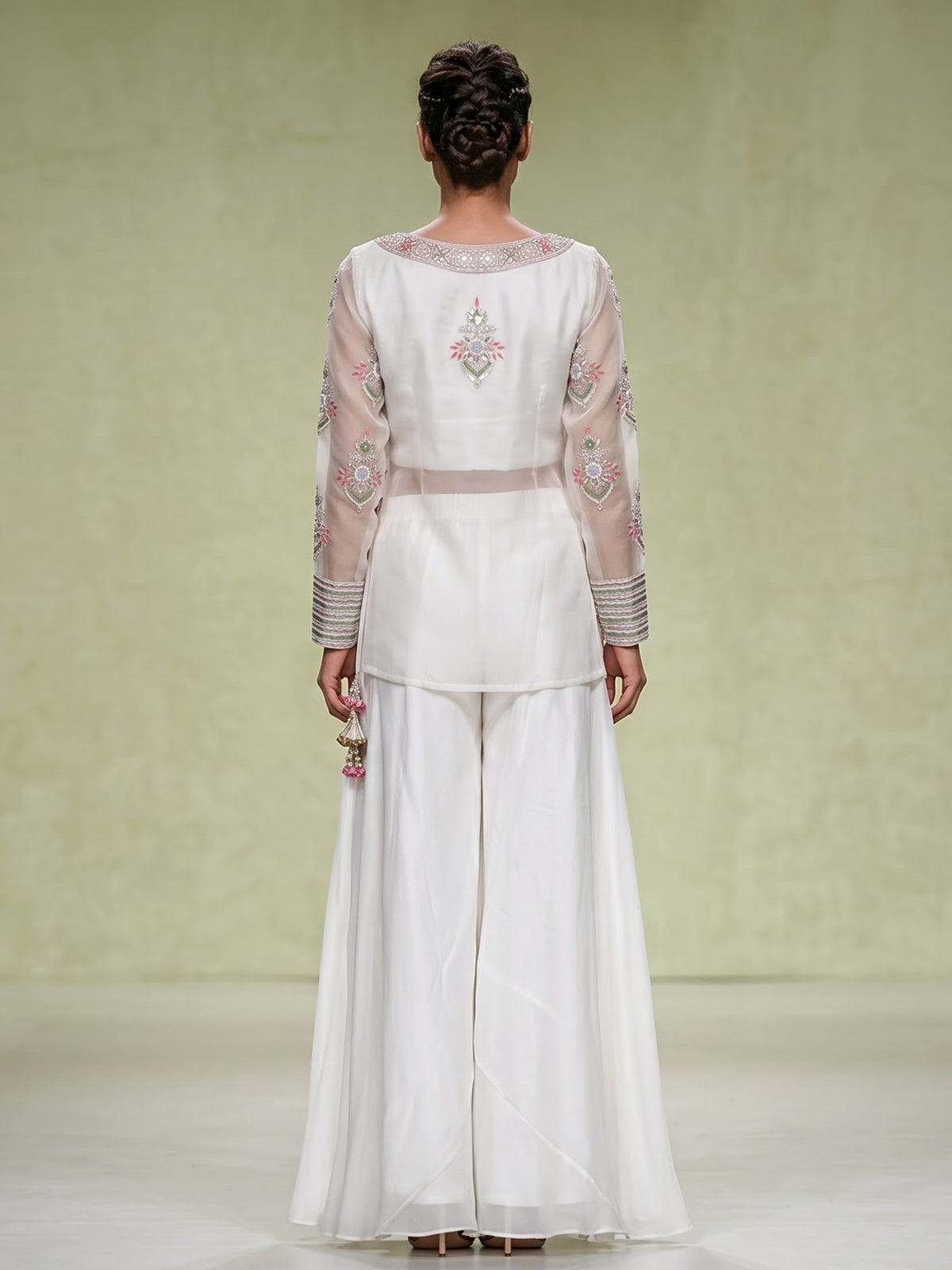 White organza palazzo suit with designer detailing