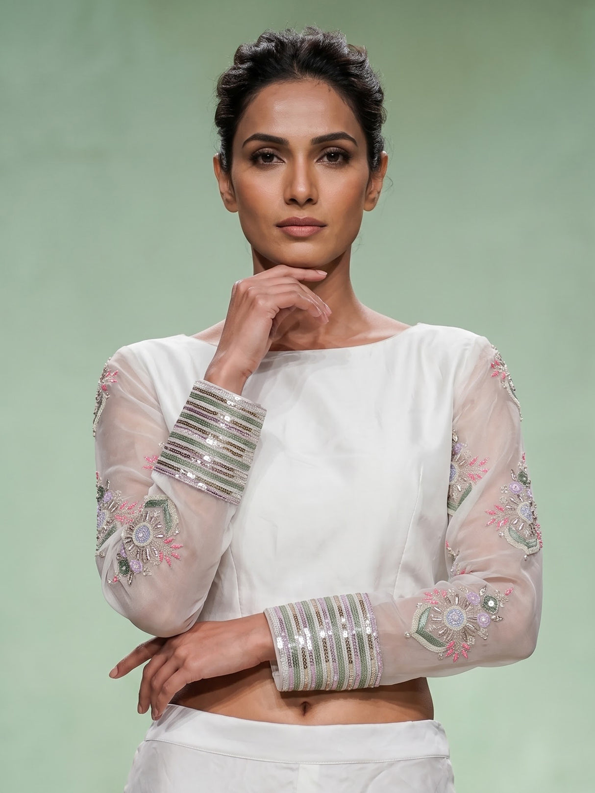 White organza palazzo suit with designer detailing