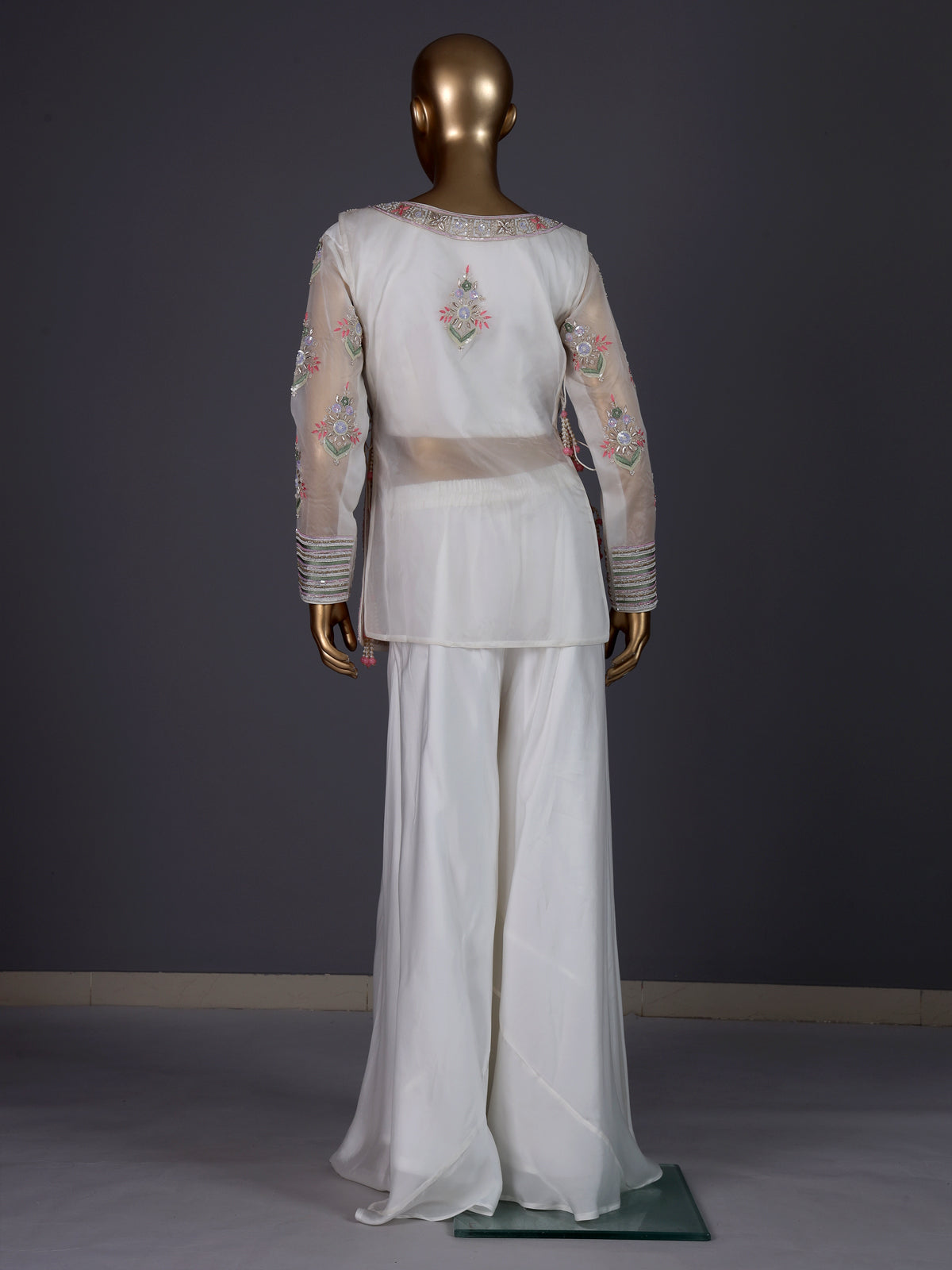 White organza palazzo suit with designer detailing