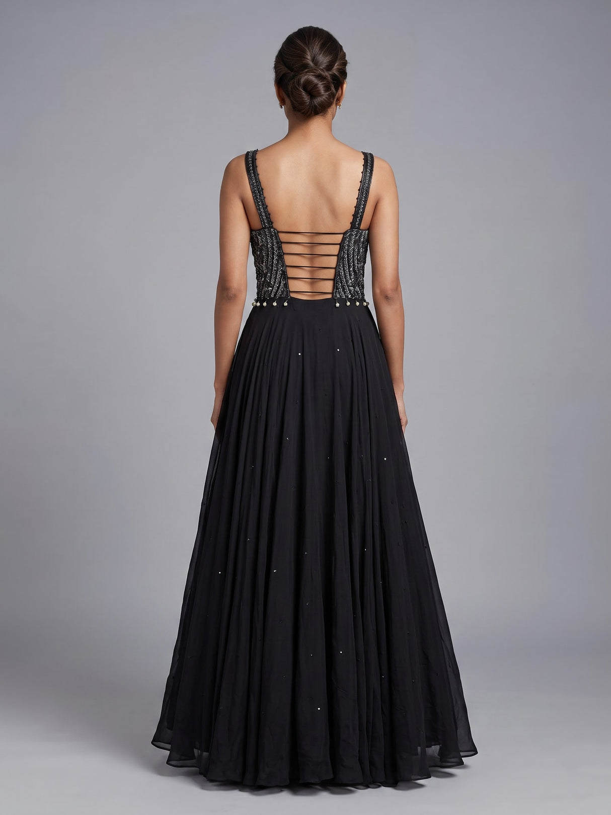 Black shimmer drape floor length suit for women