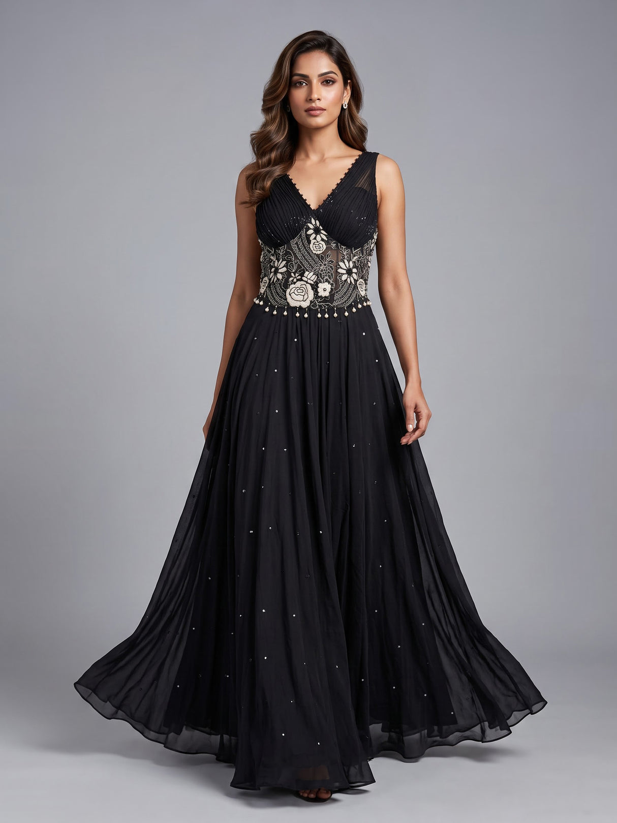Black shimmer drape floor length suit for women