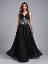 Black shimmer drape floor length suit for women
