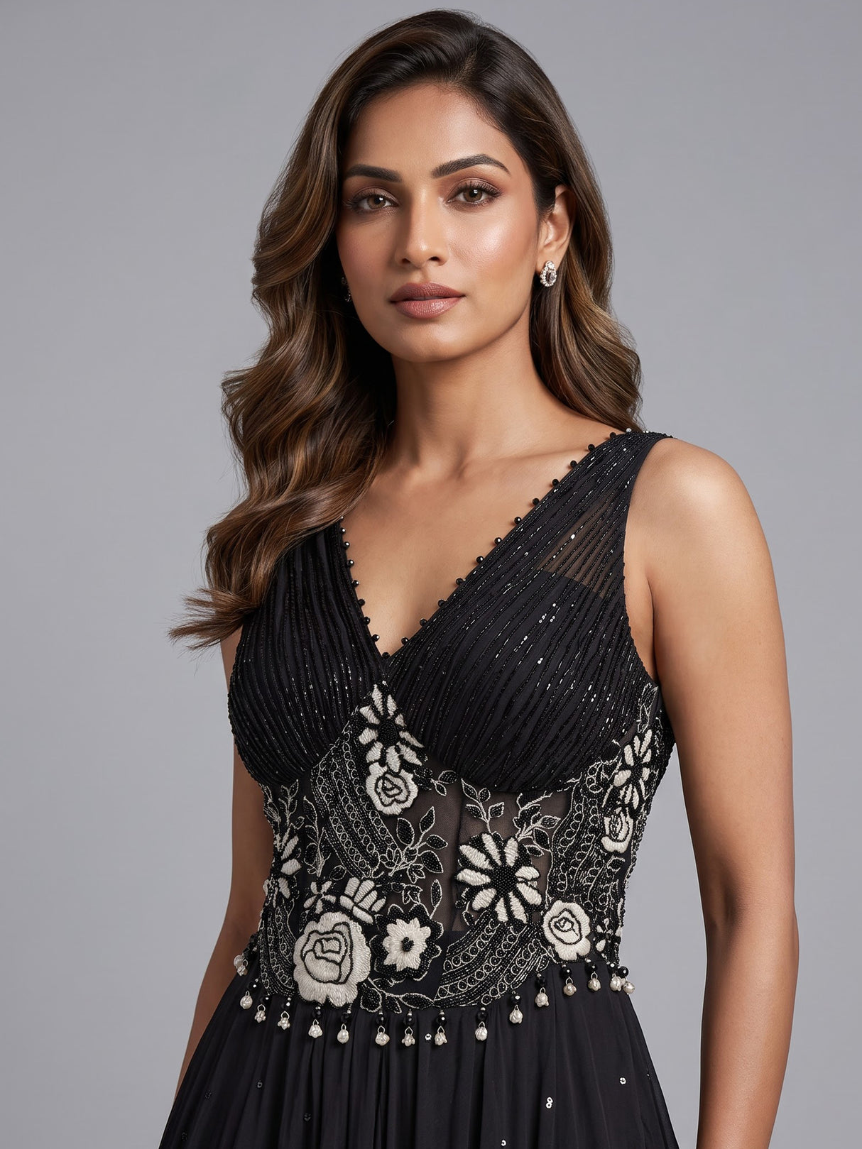 Black shimmer drape floor length suit for women
