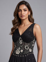 Black shimmer drape floor length suit for women