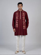 Maroon linen silk mens kurta suit with detailed bird motif