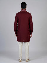 Maroon linen silk mens kurta suit with detailed bird motif
