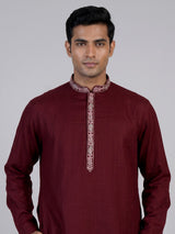 Maroon linen silk mens kurta suit with detailed bird motif
