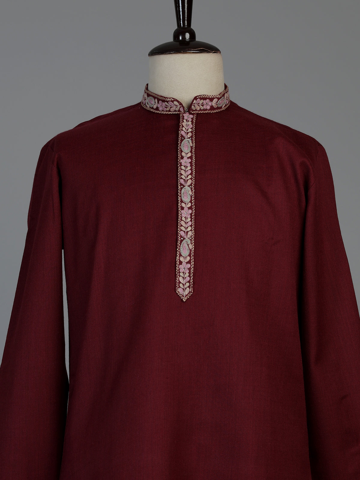 Maroon linen silk mens kurta suit with detailed bird motif