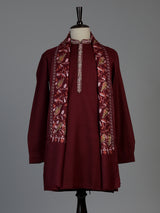 Maroon linen silk mens kurta suit with detailed bird motif