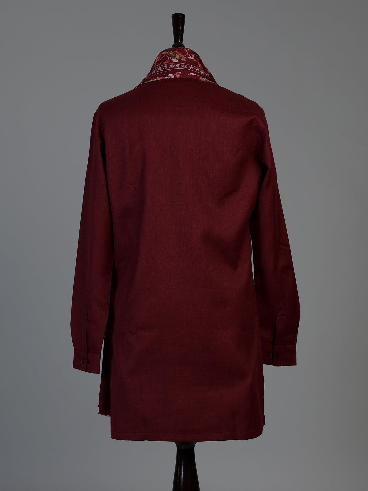 Maroon linen silk mens kurta suit with detailed bird motif