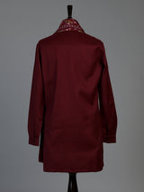 Maroon linen silk mens kurta suit with detailed bird motif