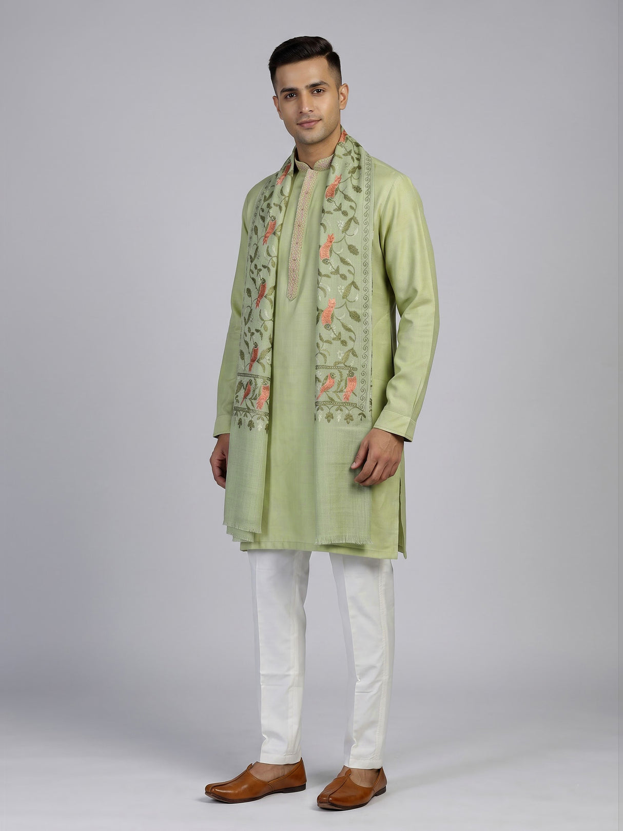 Pista green linen silk mens kurta suit with artistic bird motif